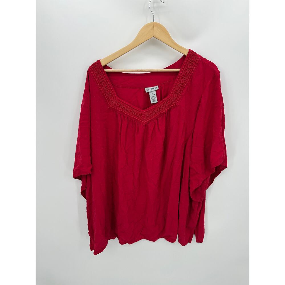 Catherines Women 4X Red Swiss Dot Blouse Embroidered Square Neck Flowy Top AH11